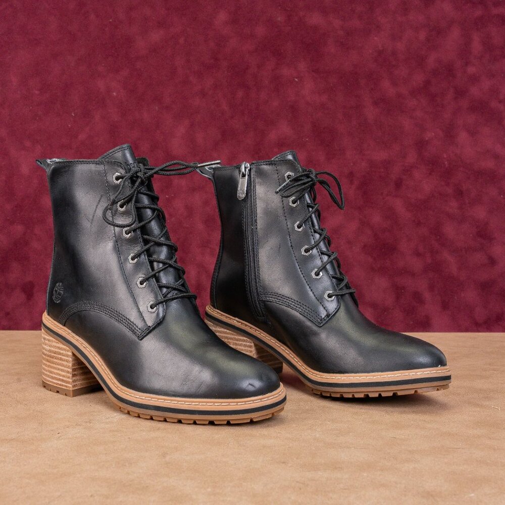 Timberland Women Sienna Black Leather Zip Lace Lug Combat Ankle Boots size 6